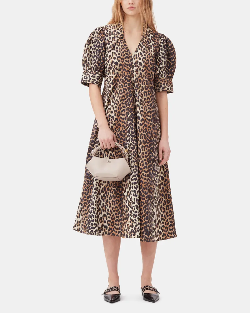 Ganni gemischt Maxikleid aus Baumwollpopeline mit V-Ausschnitt und Leo-Print Bio-Baumwolle - Größe Gemischt