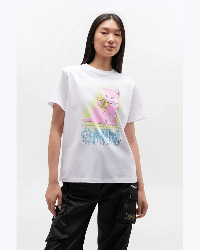 Ganni weiß Weißes T-Shirt mit Kätzchenprint Baumwolle - Größe Weiß