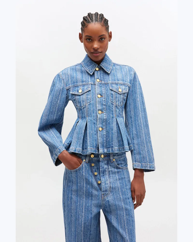 Ganni blau Gestreifte Plissee-Jeansjacke Bio-Baumwolle - Größe Blau