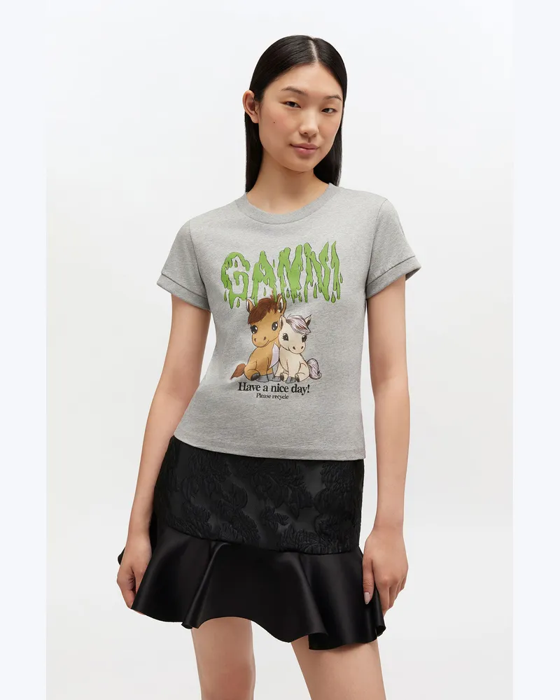 Ganni grau Graues, bedrucktes, baby fit T-Shirt Bio-Baumwolle - Größe Grau