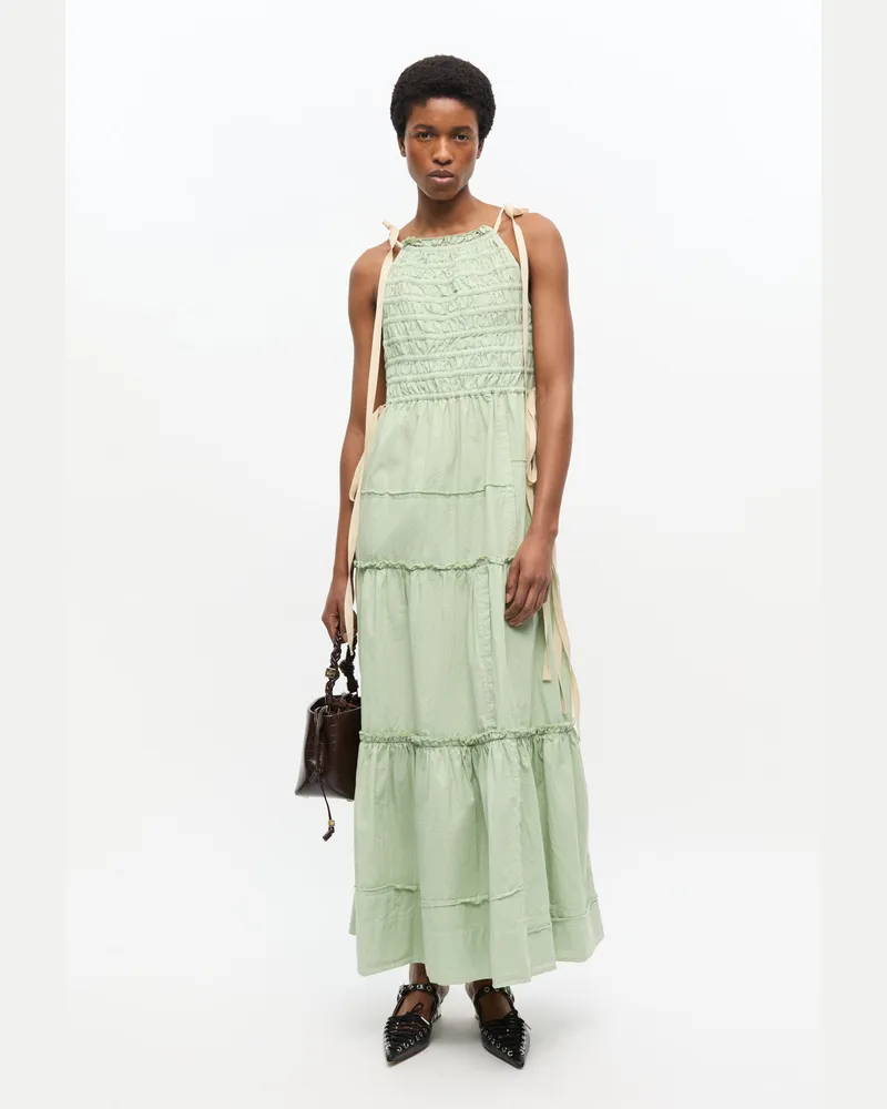 Ganni grün Hellgrünes gesmoktes Stufenkleid Bio-Baumwolle - Größe Grün