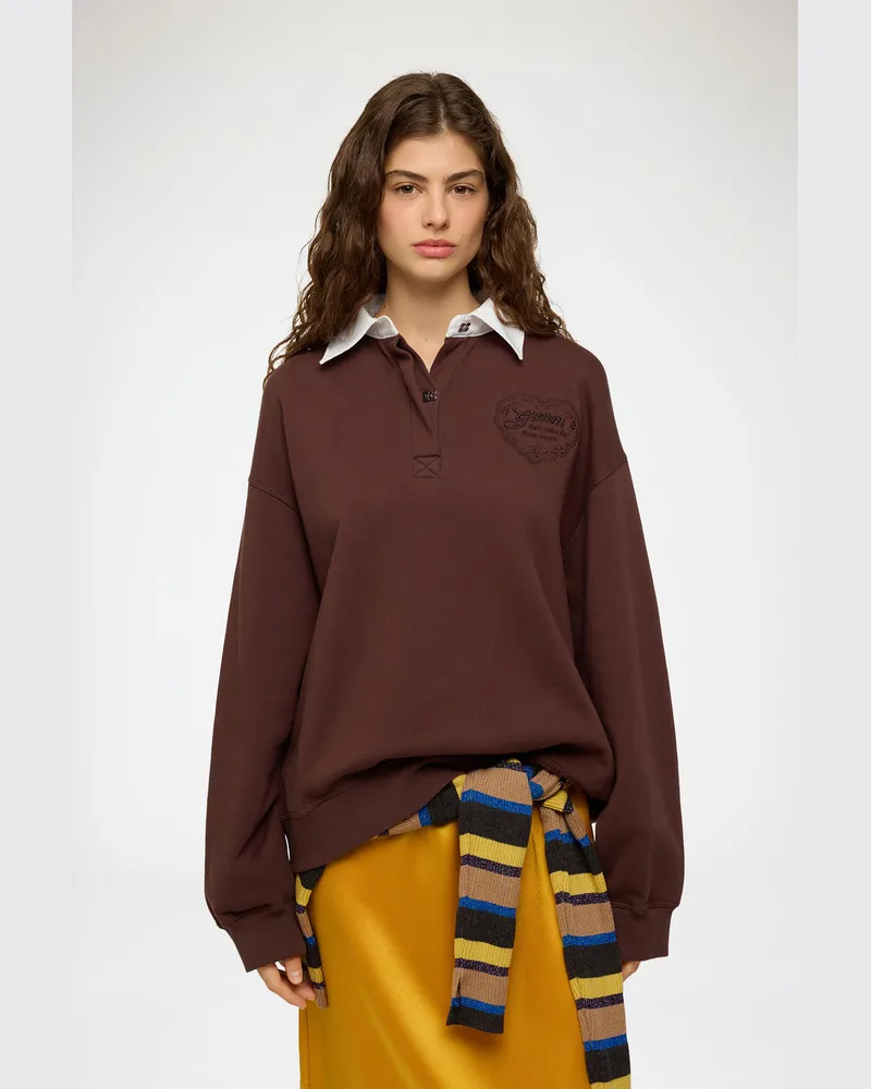 Ganni braun Poloshirt mit Herz-Stickerei Bio-Baumwolle - Größe Braun