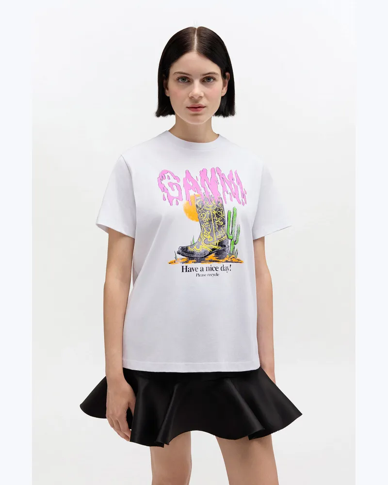 Ganni weiß Weißes T-Shirt mit Westernstiefel-Print - Größe Weiß