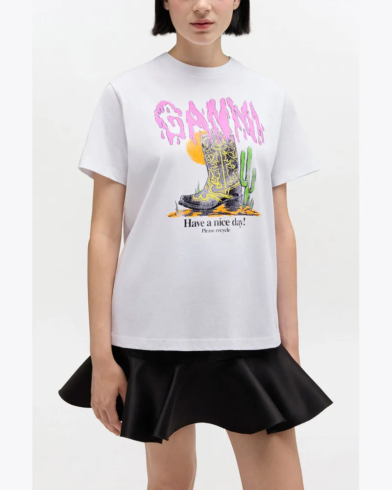 Ganni weiß Weißes T-Shirt mit Westernstiefel-Print Bio-Baumwolle - Größe Weiß