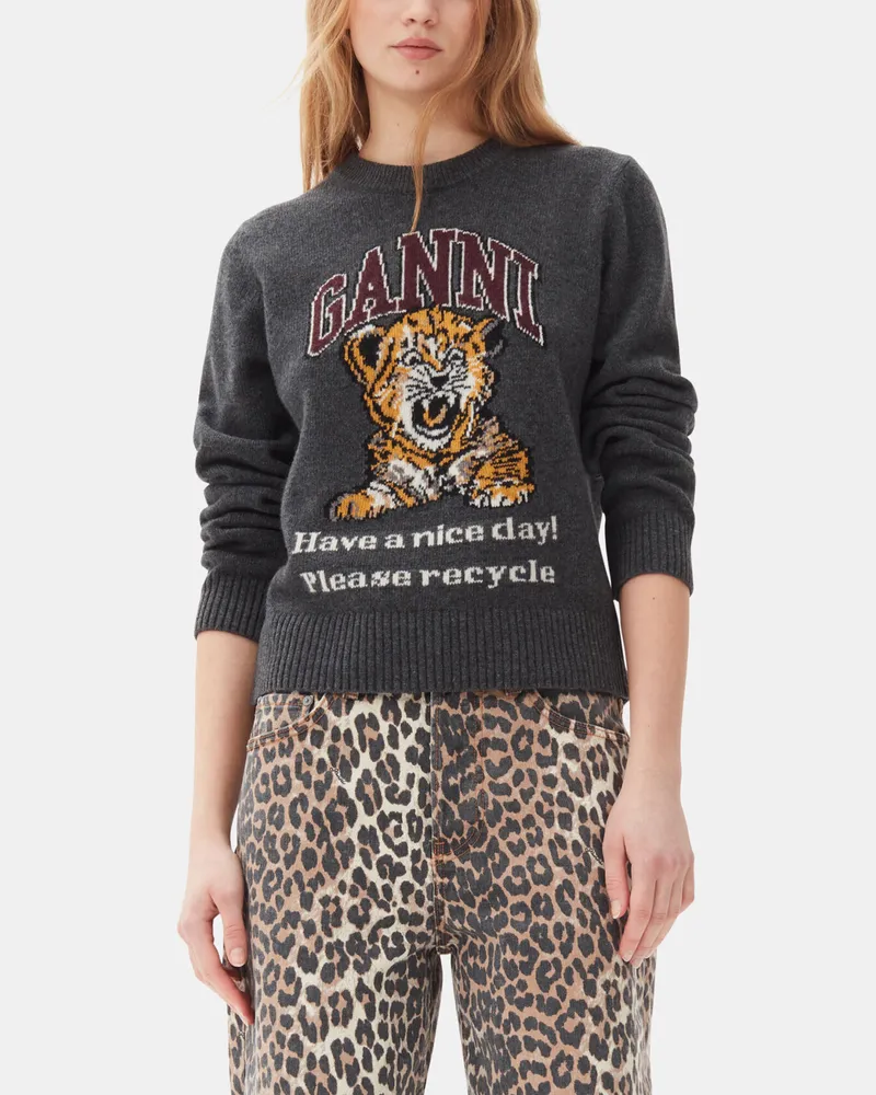 Ganni Dunkelgrauer Grafikpullover mit Tiger-Motiv grau Grau