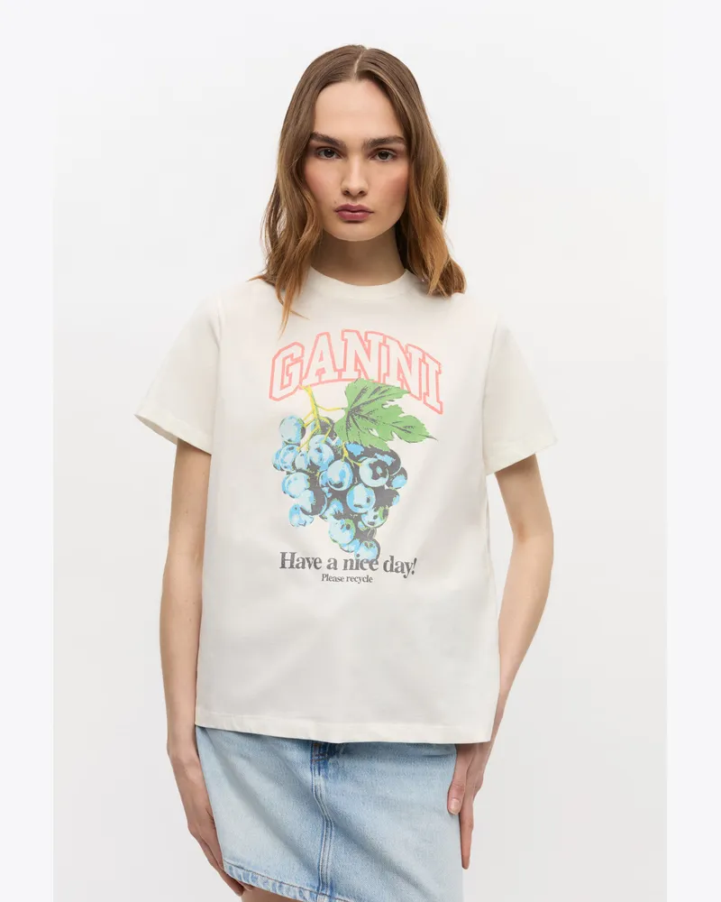 Ganni weiß Cremeweißes T-Shirt mit Grapes-Print Baumwolle - Größe Weiß