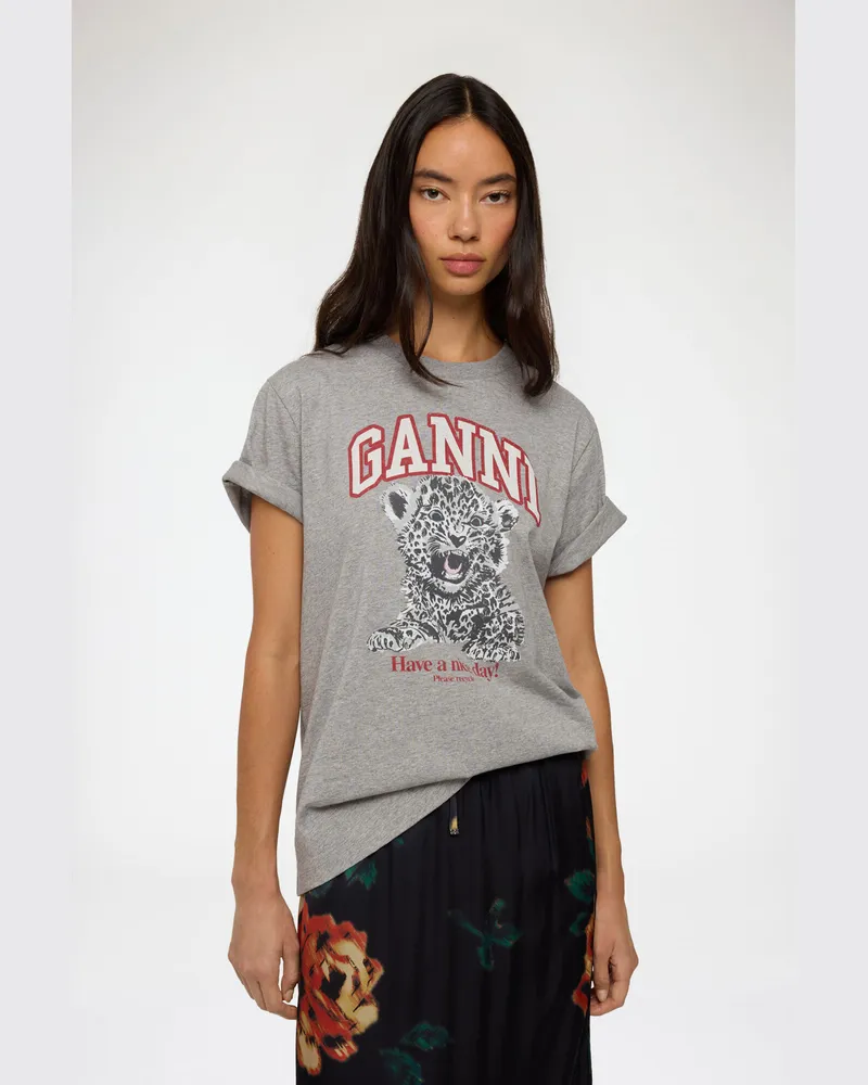 Ganni grau T-Shirt mit Tiger Bio-Baumwolle - Größe Grau