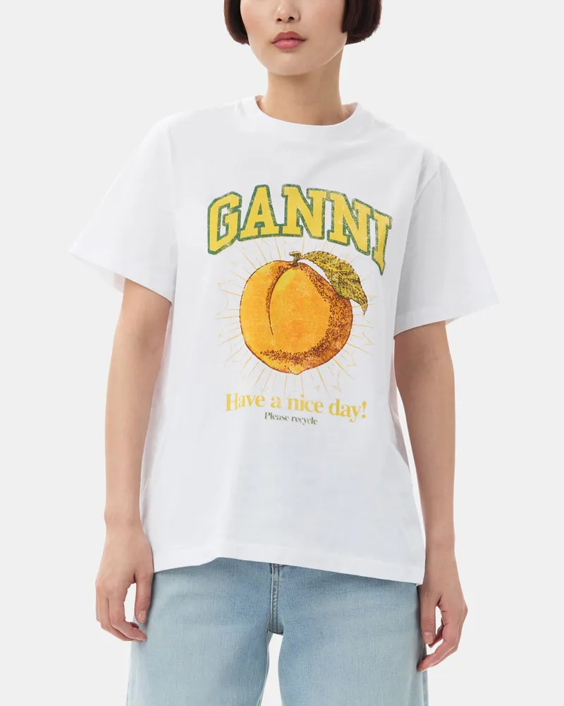 Ganni weiß Lockeres pfirsichfarben T-Shirt Bio-Baumwolle - Größe Weiß