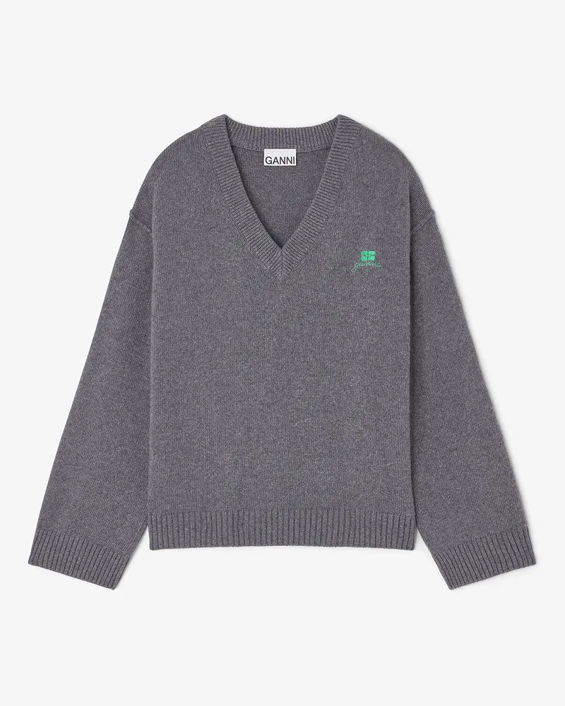 Ganni grau Grauer Pullover aus einer Wollmischung mit V-Ausschnitt Wolle - Größe Grau