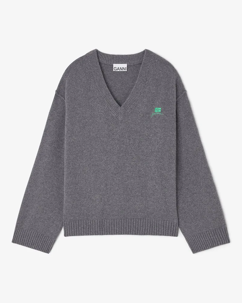 Ganni grau Grauer Pullover aus einer Wollmischung mit V-Ausschnitt Wolle - Größe Grau