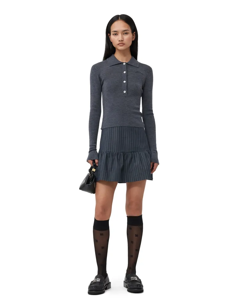 Ganni Stretch Striped Flounce Mini Rock Gray Pinstripe Gray