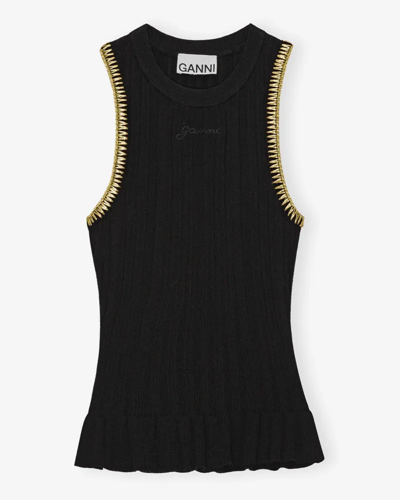 Ganni schwarz Schwarzes geripptes Tanktop LENZING ECOVERO - Größe Schwarz
