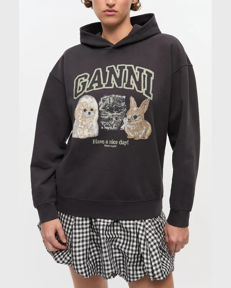 Ganni gemischt Schwarzer Hoodie mit Animal-Print Bio-Baumwolle - Größe Gemischt