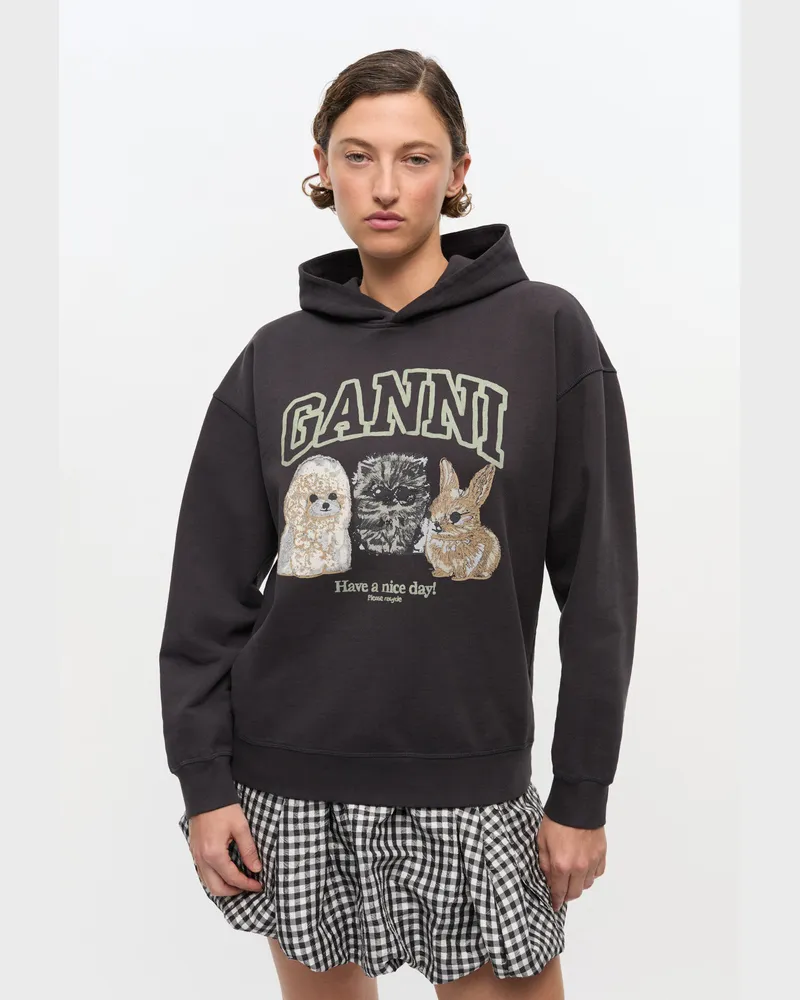 Ganni gemischt Schwarzer Hoodie mit Animal-Print Baumwolle - Größe Gemischt