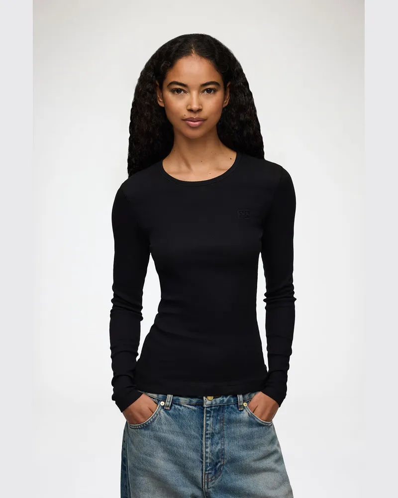 Ganni schwarz Schwarzes Ripp-Langarmshirt Bio-Baumwolle - Größe Schwarz