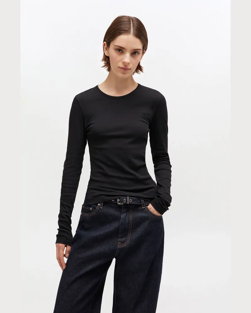 Ganni schwarz Schwarzes Ripp-Langarmshirt Bio-Baumwolle - Größe Schwarz