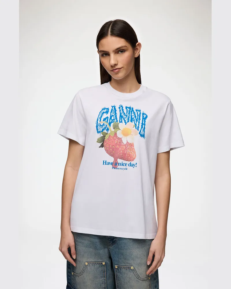 Ganni weiß T-Shirt mit Erdbeermotiv Bio-Baumwolle - Größe Weiß
