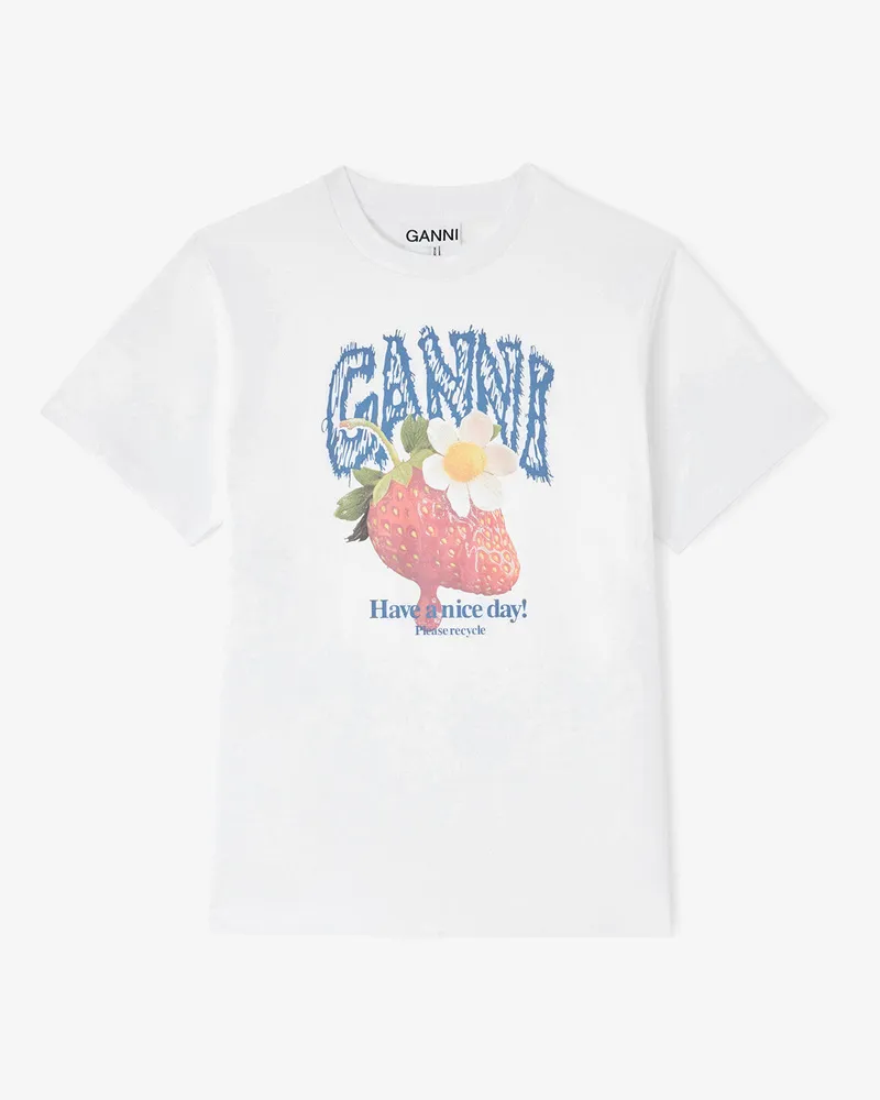 Ganni weiß T-Shirt mit Erdbeermotiv Bio-Baumwolle - Größe Weiß