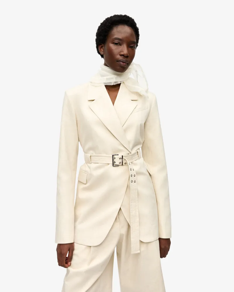 Ganni Angora Cremefarbener taillierter Blazer aus Baumwoll-Mix Leinen - Größe Angora