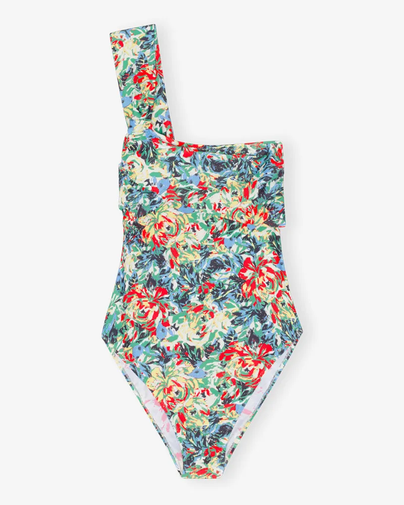 Ganni Recycled Printed Gatherot Asymmetric Swimsuit gemischt Gemischt