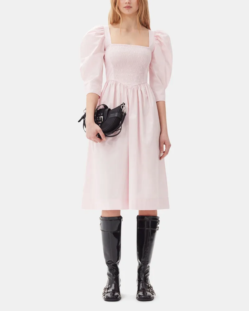 Ganni rosa Smock-Kleid aus rosaer Baumwollpopeline mit offenem Ausschnitt Bio-Baumwolle - Größe Rosa