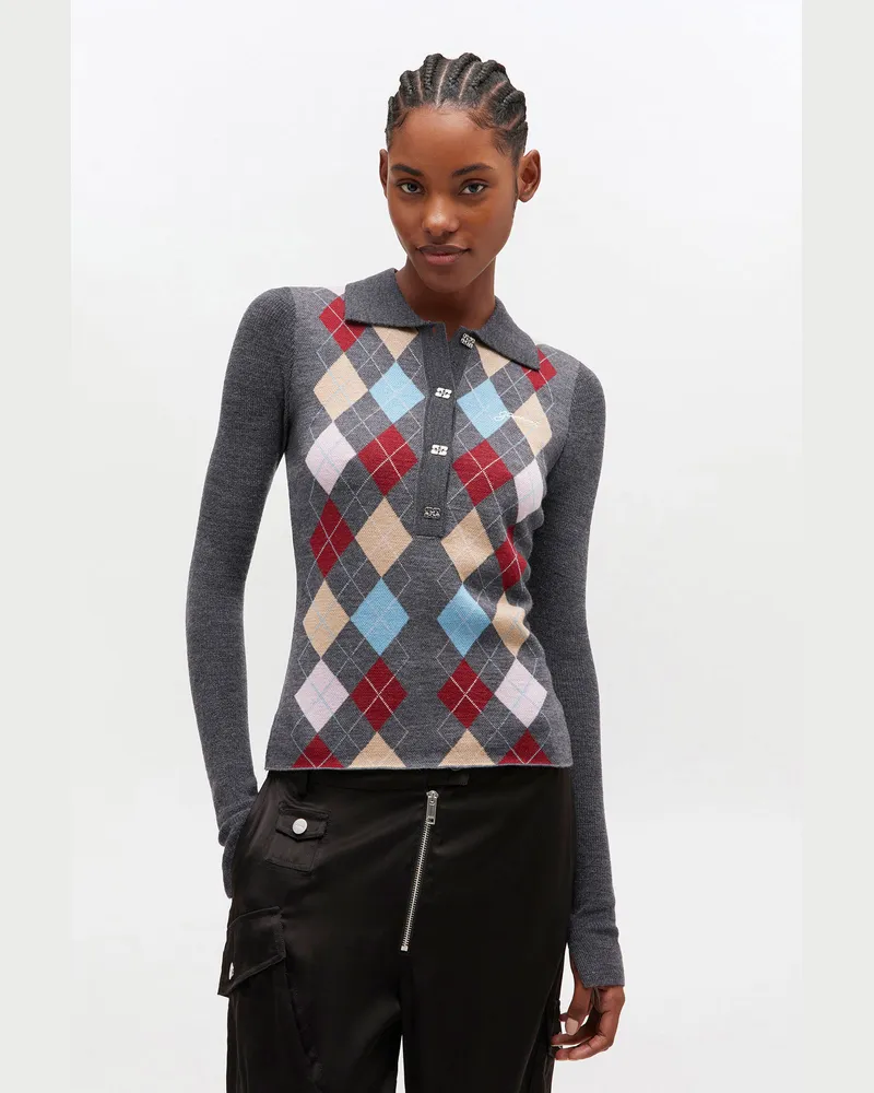 Ganni grau Dunkelgraues Strickpolohemd Merino Wolle - Größe Grau