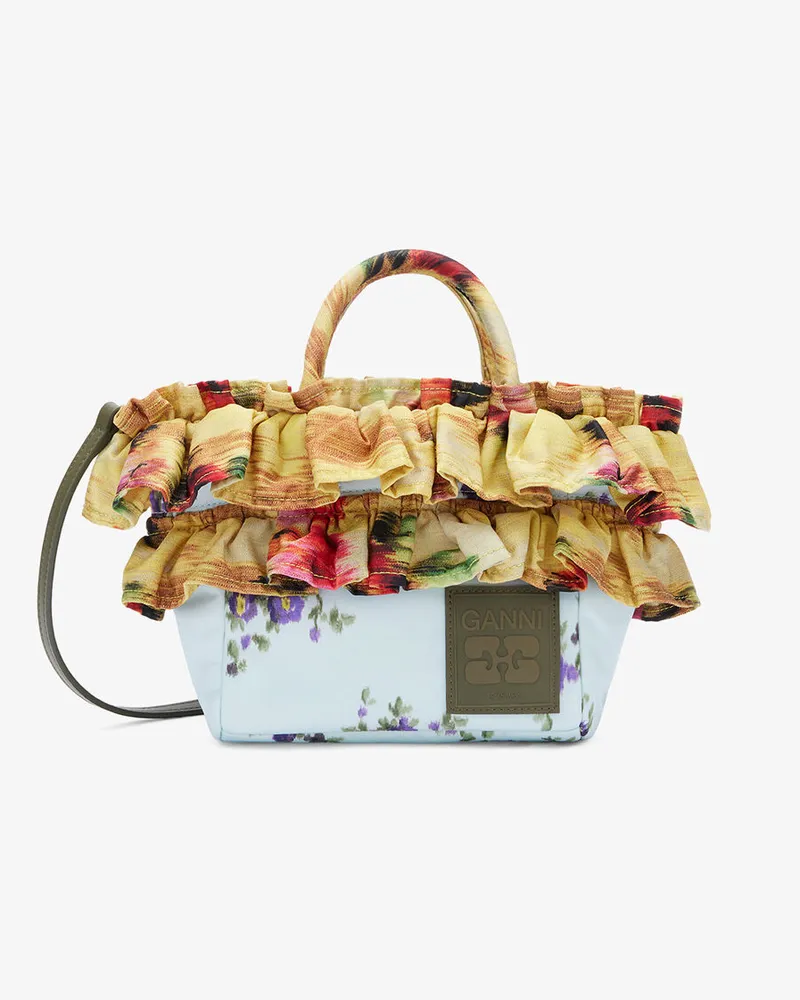 Ganni Mini Tote Bag mit Rüschen-Print Iced Aqua 