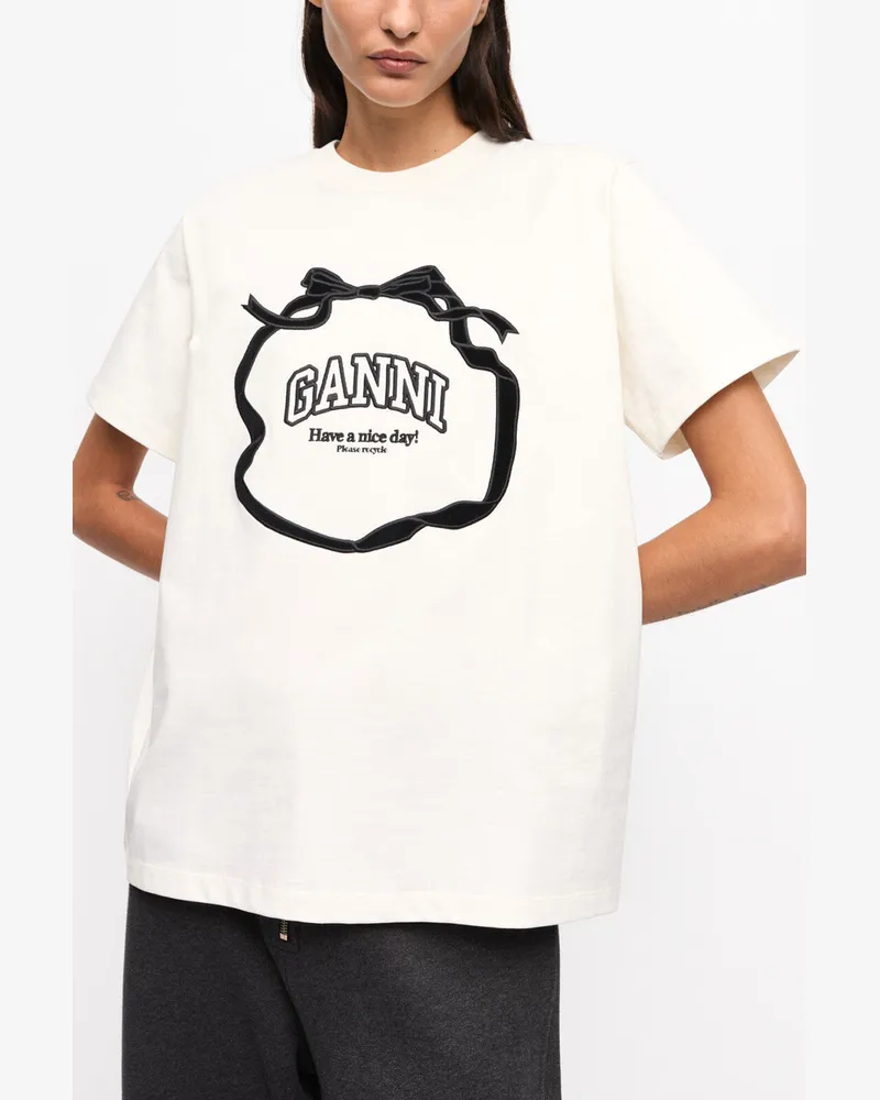 Ganni weiß Lockeres T-Shirt in Naturweiß mit Schleifendetail Bio-Baumwolle - Größe Weiß