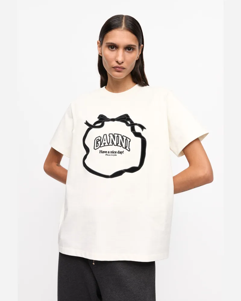 Ganni weiß Lockeres T-Shirt in Naturweiß mit Schleifendetail Baumwolle - Größe Weiß