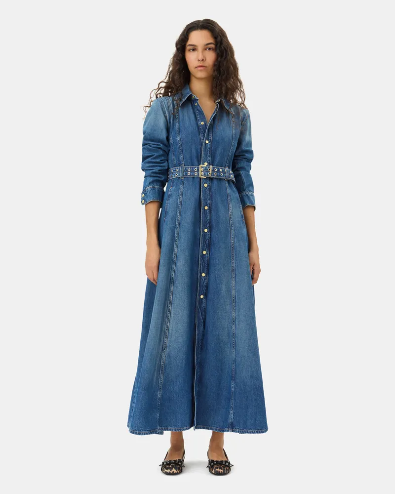 Ganni blau dunkelblau Denim Maxi Kleid Bio-Baumwolle - Größe Blau