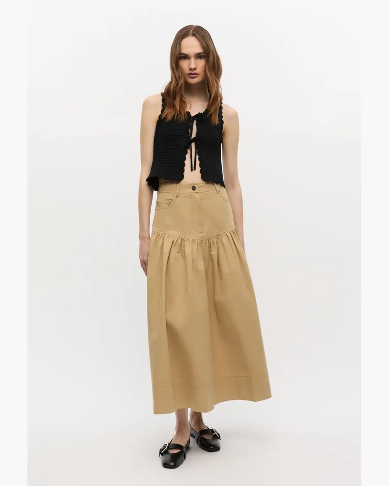 Ganni Pale Khaki Eleganter langer Rock Leinen - Größe Pale