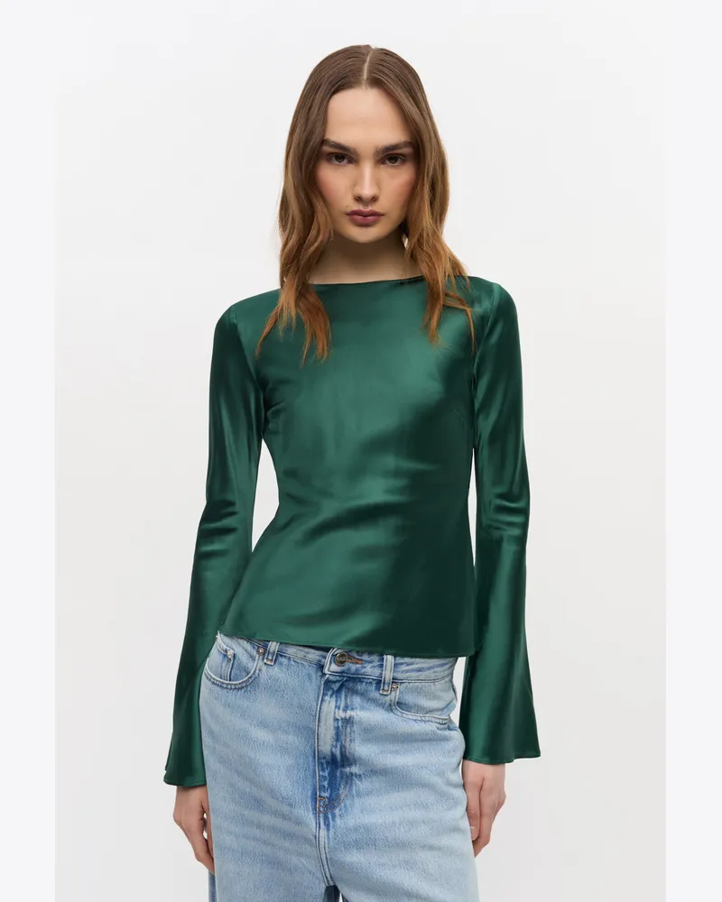 Ganni Pineneedle Grüne Satinbluse Elastan - Größe Pineneedle