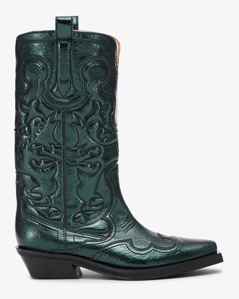Ganni Grüne metallische bestickte Westernstiefel mit mittlerer Schafthöhe - Größe Climbing Ivy Climbing