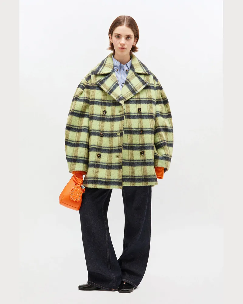 Ganni Lime Sherbet Brushed Wool Check Midi Coat Wolle - Größe Lime