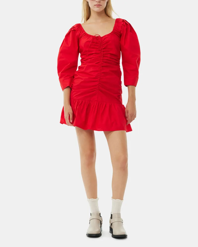 Ganni rot Cotton Poplin Gatherot U-neck Mini Kleid Bio-Baumwolle - Größe Rot