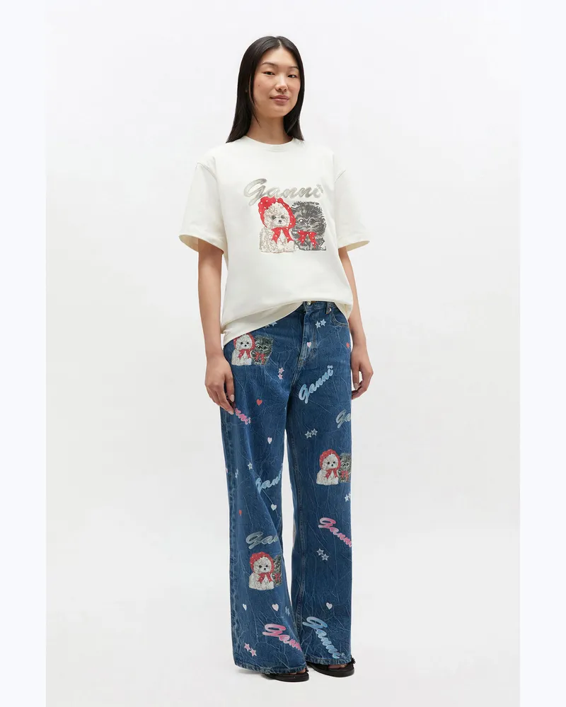 Ganni weiß Elfenbeinfarbenes T-Shirt mit Animal-Print Baumwolle - Größe Weiß