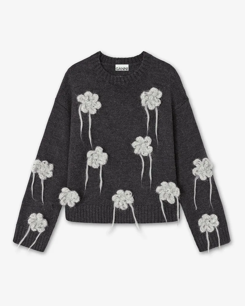 Ganni Dunkelgrauer Häkelpullover mit Blumen gemischt Gemischt
