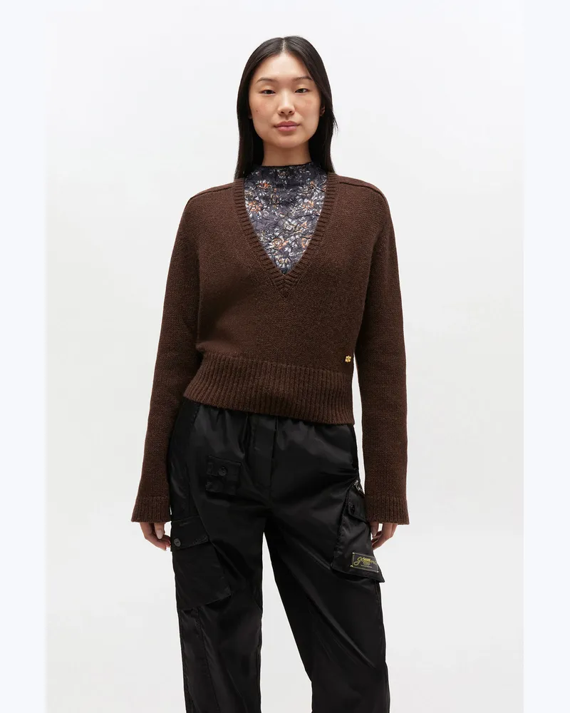 Ganni Shaved Chocolate Brauner Pullover mit V-Ausschnitt Wolle - Größe Shaved