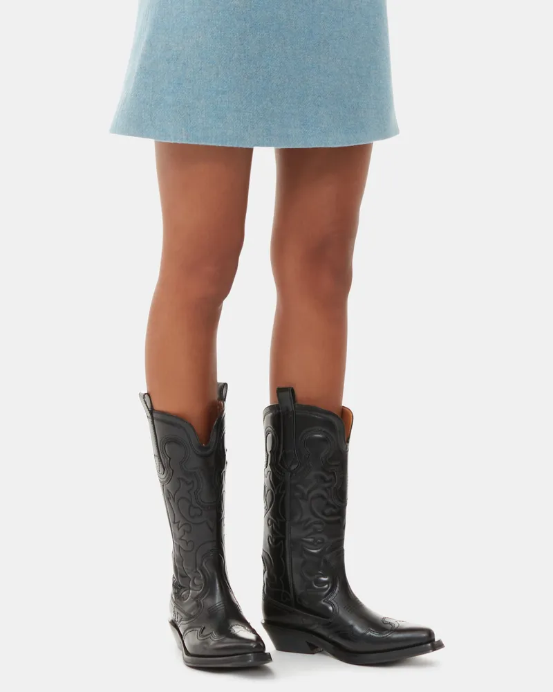 Ganni schwarz/schwarz schwarz Mid Shaft Embroiderot Westernstiefel Calf Leather - Größe Schwarz