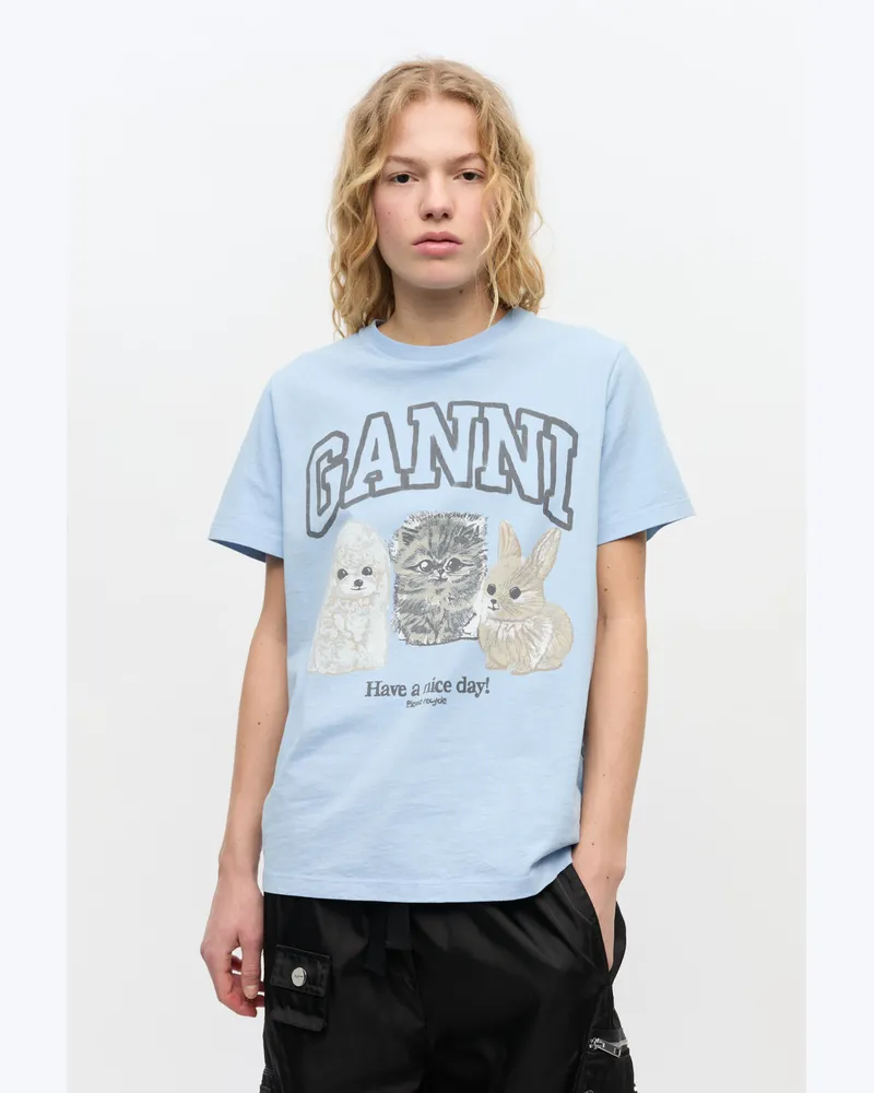 Ganni Chambray blau Blaues T-Shirt mit Animal-Print Baumwolle - Größe Chambray