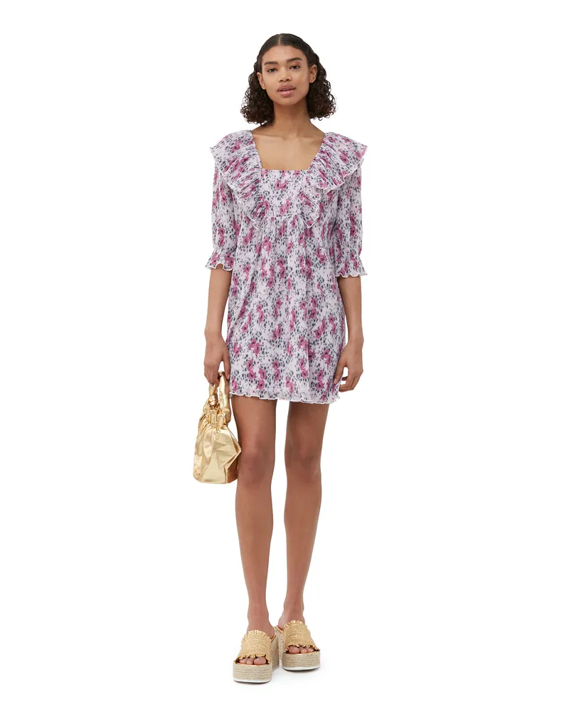 Ganni Plissiertes Georgette-Minikleid mit Rüschen - Größe Mauve Chalk Mauve