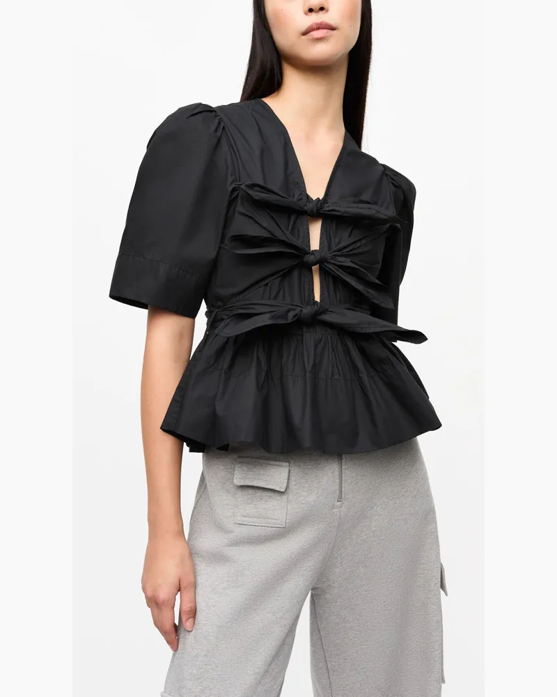 Ganni schwarz gewaschene Bluse mit Bindebändern aus Stretch-Baumwolle Bio-Baumwolle - Größe Schwarz