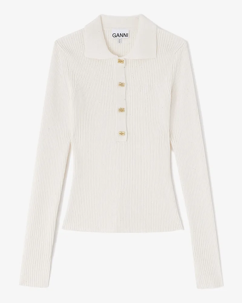 Ganni weiß Dünnes Strick-Polo mit Pailletten - Größe Weiß