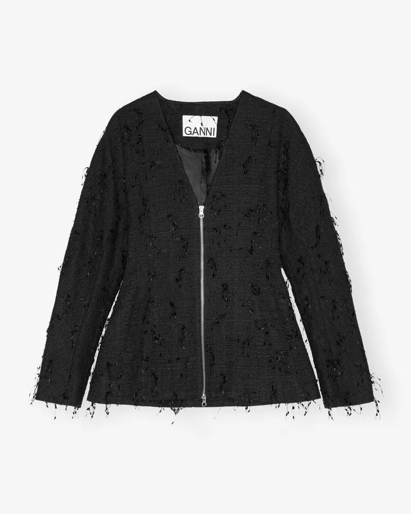 Ganni schwarz Fringed Tweed Blazer Schwarz