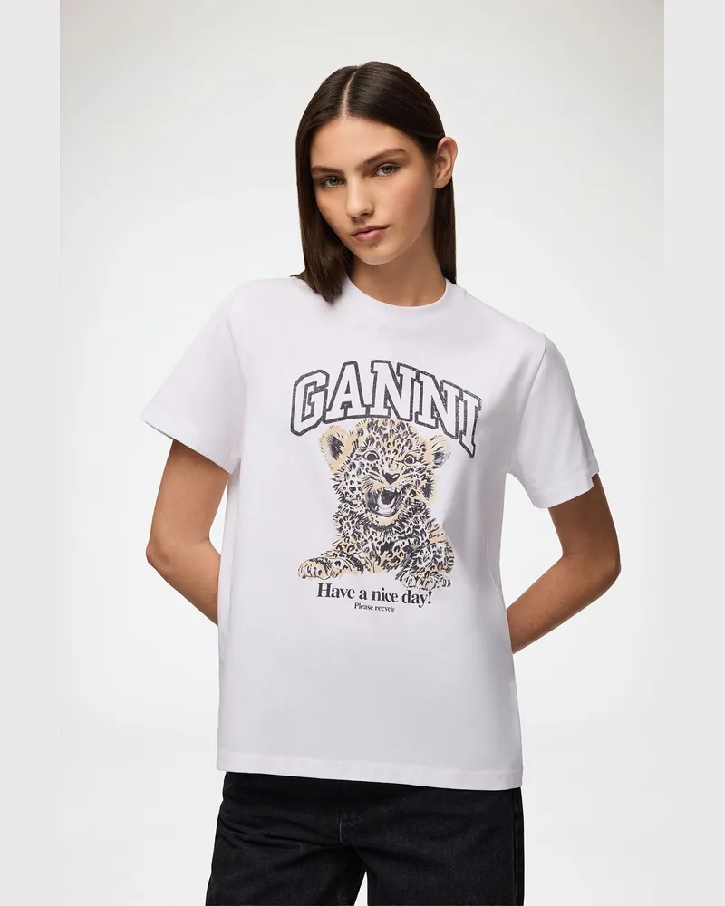 Ganni gemischt Weißes, lockeres Basic-T-Shirt aus Jersey mit Leopardenprint Bio-Baumwolle - Größe Gemischt
