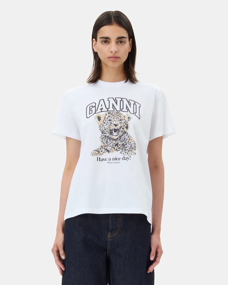 Ganni gemischt Weißes, lockeres Basic-T-Shirt aus Jersey mit Leopardenprint Baumwolle - Größe Gemischt