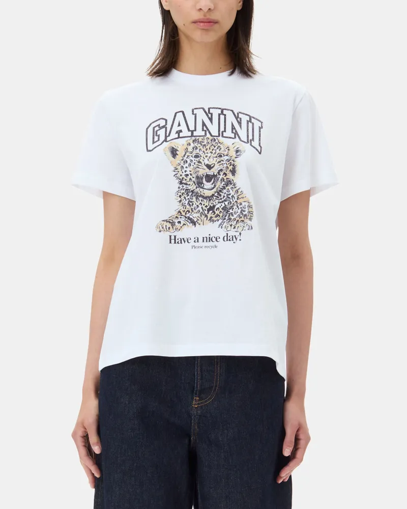 Ganni gemischt Weißes, lockeres Basic-T-Shirt aus Jersey mit Leopardenprint Bio-Baumwolle - Größe Gemischt