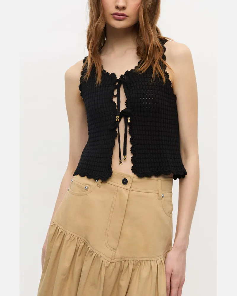 Ganni schwarz Schwarzes strukturiertes Spitzenstrickoberteil Bio-Baumwolle - Größe Schwarz