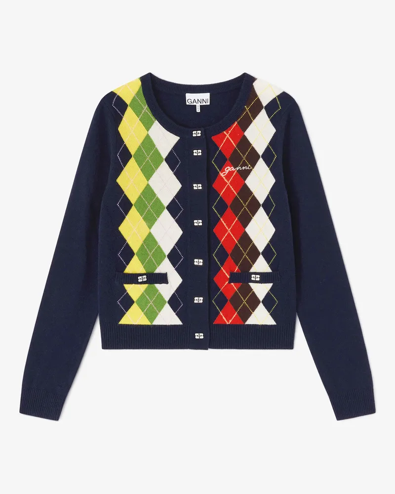 Ganni marineblau Strickjacke mit Karomuster - Größe Marineblau
