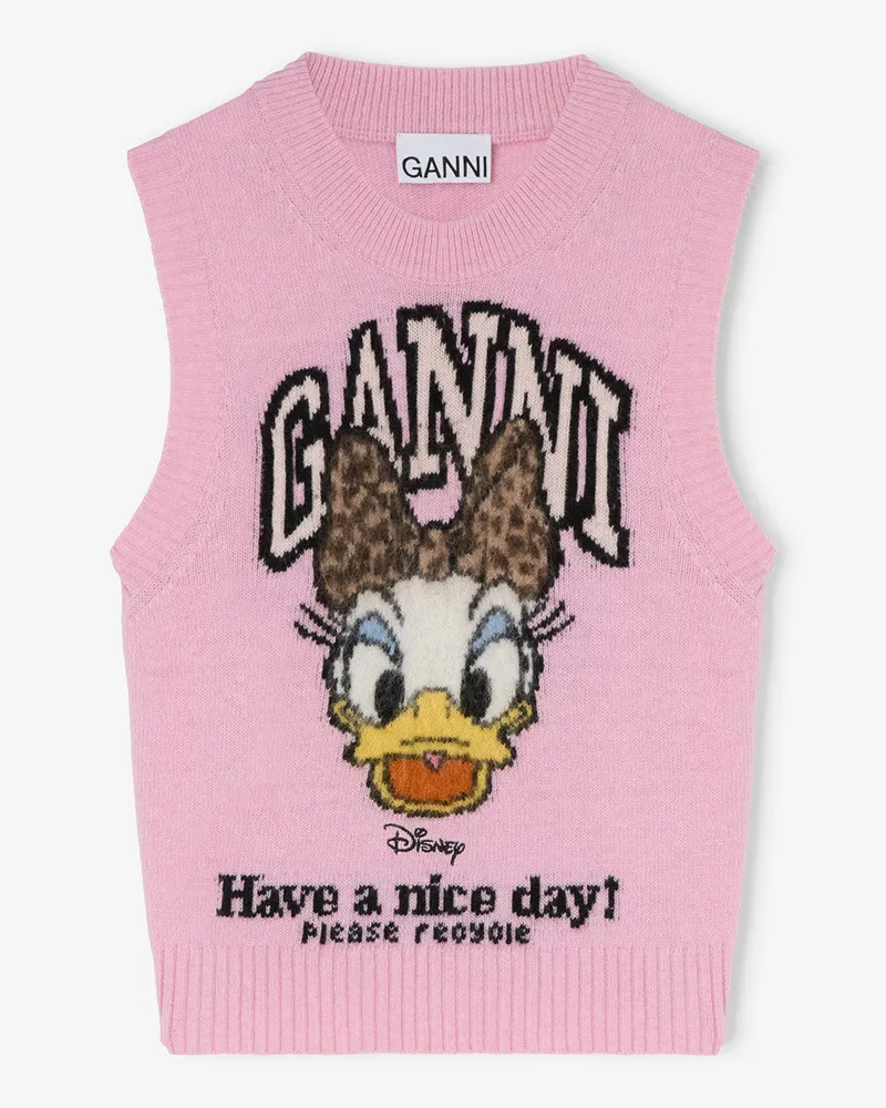 Ganni Chalk rosa x Disney - Wollweste mit Daisy-Duck-Grafik - Größe Chalk